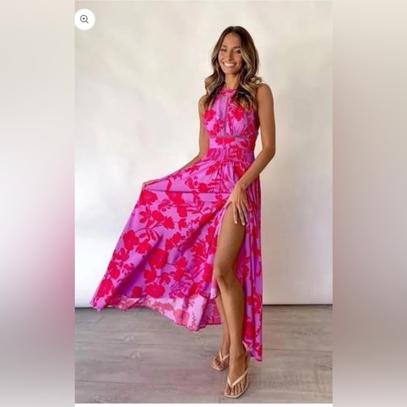 Abel The Label Anthropologie Charlotte Backless Pink Floral Maxi Dress XS tie - Picture 3 of 14